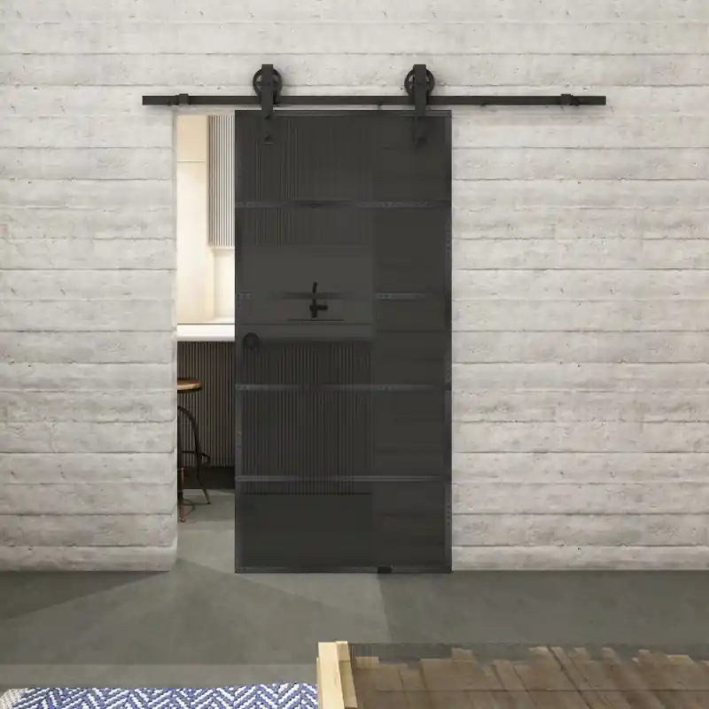 Glasschiebetür BARN-LINE Loft Schwarzeisen Genietet 01 Auf Grauglas Direkt Vom Hersteller
