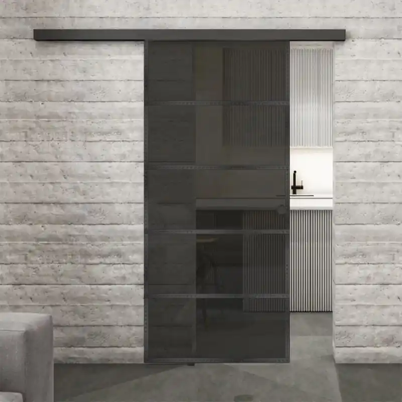 Glasschiebetür BLACK-LINE Loft Schwarzeisen Genietet 01 Auf Grauglas Kostenloser Rückversand