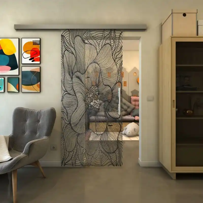 Bestpreis Glasschiebetür SLIM-LINE - Fineprint Modell 020 Schwarz auf Klarglas