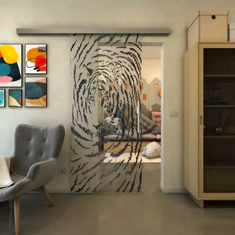 Kostenloser Versand Glasschiebetür SLIM-LINE - Fineprint Modell 057 Schwarz auf Klarglas