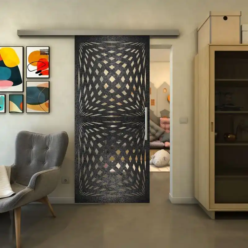 Schnäppchen Glasschiebetür SLIM-LINE - Fineprint Modell 071 Schwarz auf Klarglas