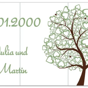 Direktkauf Herdabdeckplatte Hochzeitsbaum mit Herzen + Wunschname und Datum Breite 60 cm x Höhe 52 cm. 2-teilig, 13 mm hohe Noppen