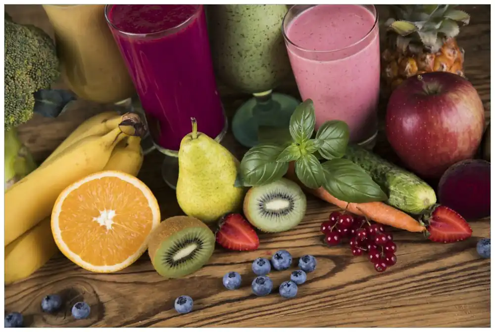 Wandbild aus Acryl Bunte Smoothies mit Obst in der Küche 60cm x 90cm Mega-Angebot