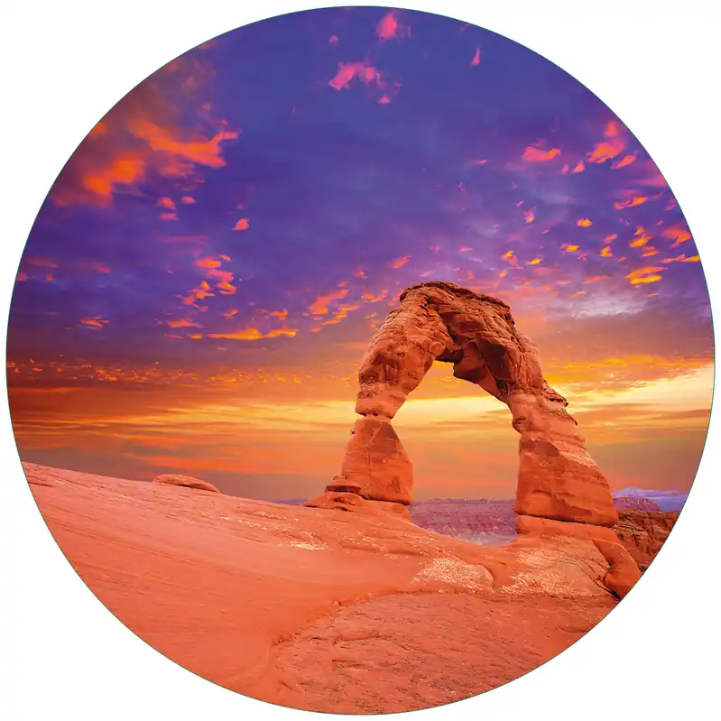 Glasbild Steinbogen vor einem farbenfrohen Himmel in lila-rot 50 x 125 cm Begrenztes Angebot