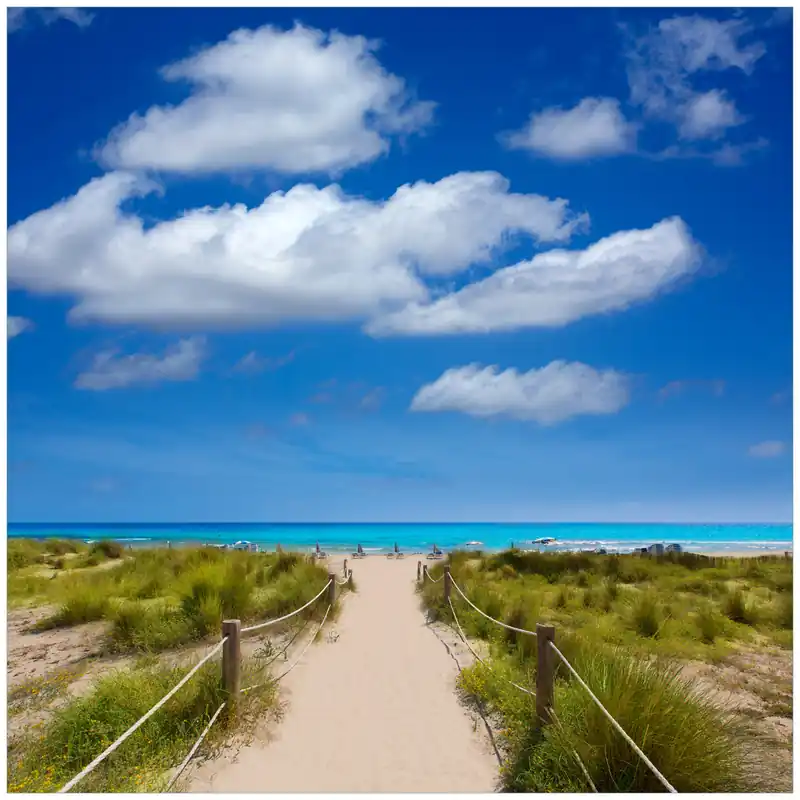 Abverkauf Glasbild Sandweg zum blauen Meer mit blauem Himmel 55 x 55 cm