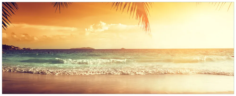 Günstig Glasbild Sonnenuntergang am Strand in der Karibik 50 x 125 cm