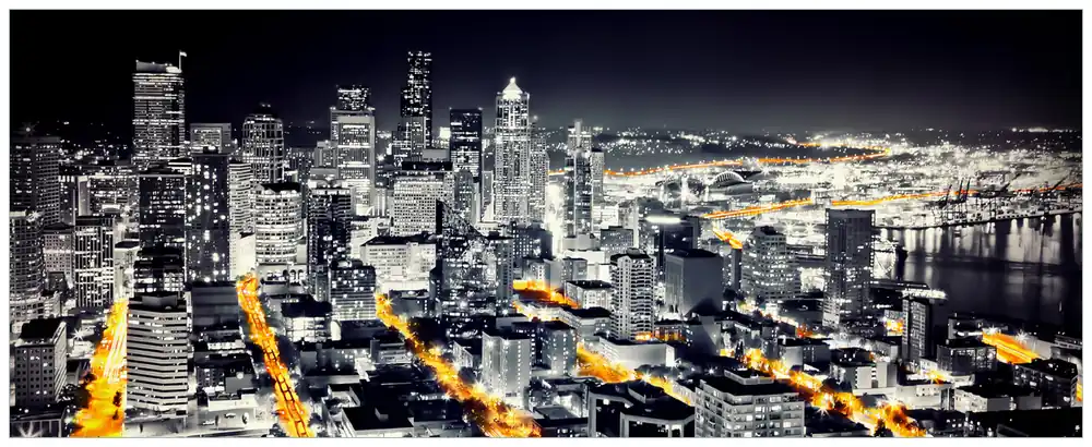 Glasbild Großstadt bei Nacht - Seattle in schwarz weiß gelb 55 x 55 cm Knallerangebot