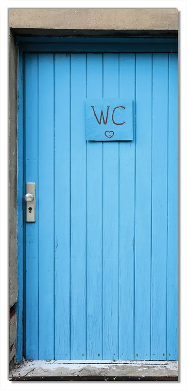 Billig Selbstklebende Türtapete Blaue Tür einer Toilette in einer verlassenen Fabrik in Magdeburg selbstklebende Folie, 100 x 220 cm