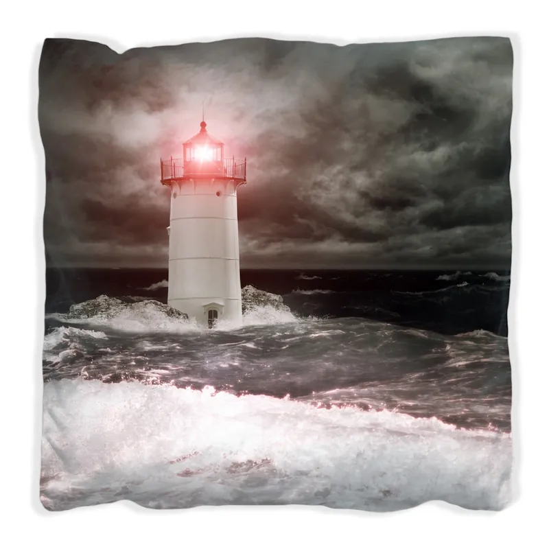 Kissen Leuchtturm im Wasser bei stürmischer See 60 x 60 cm, weiß Expressversand