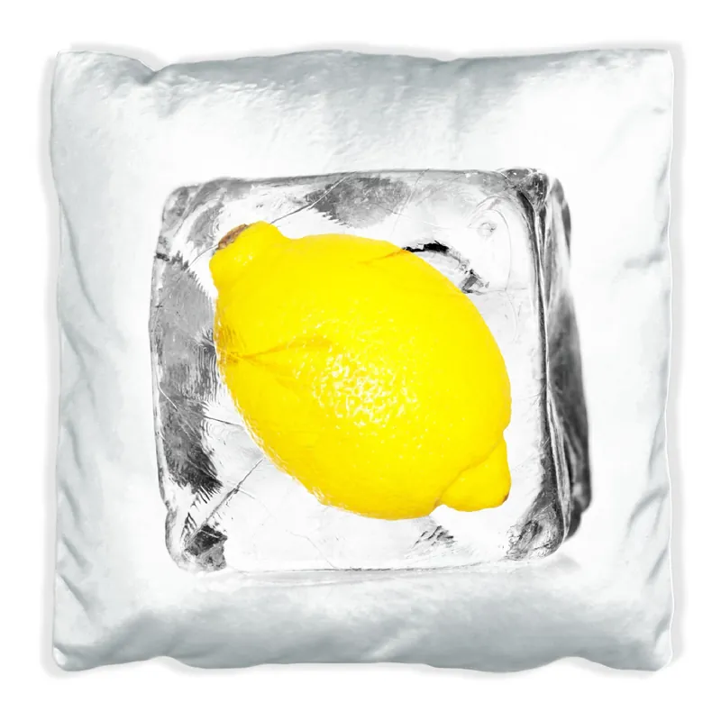 Kissen Zitrone in Eiswürfel - Eiskaltes Obst 60 x 60 cm, schwarz Ausverkauf