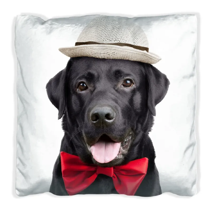 Kissen Schwarzer Labrador Retriever mit roter Fliege und Mütze 60 x 60 cm, schwarz Must-Have