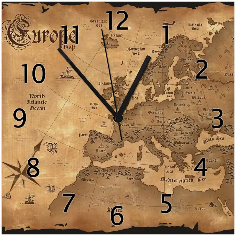 Bestpreis Wanduhr aus Glas Alte Weltkarte Karte von Europa in englisch mit weißen Zeigern, 30 x 60 cm