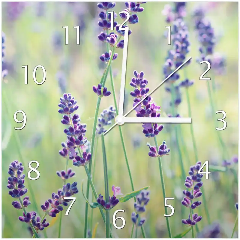 Abverkauf Wanduhr aus Glas Lila Blumenfreude - Violette Pflanzen auf der Wiese mit schwarzen Zeigern, 30 x 30 cm