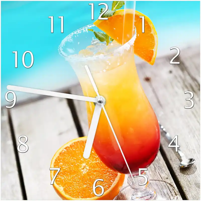 Beliebt Wanduhr aus Glas Bunter Cocktail am Pool mit weißen Zeigern, 30 x 30 cm