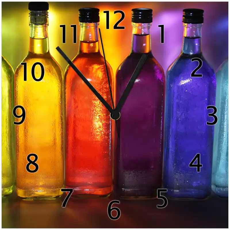 Beliebt Wanduhr aus Glas Gelb-lila Flaschen mit weißen Zeigern, 20 x 20 cm