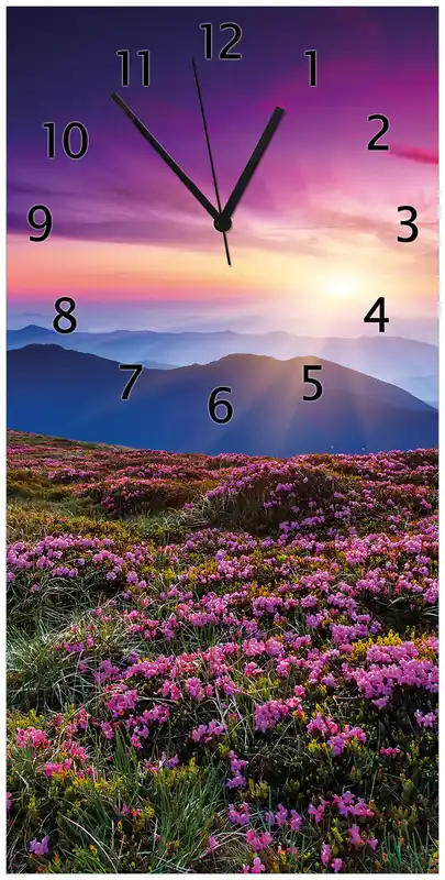 Echt Wanduhr aus Acryl Blumenbedeckte Wiese bei Sonnenuntergang 30 x 60 cm, mit schwarzen Zeigern