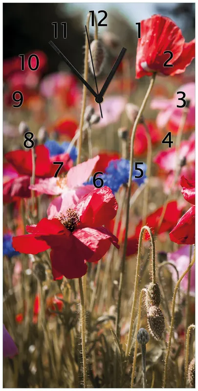 Wanduhr aus Acryl Mohnblumen am Rande eines Feldes 30 x 60 cm, mit schwarzen Zeigern Must-Have