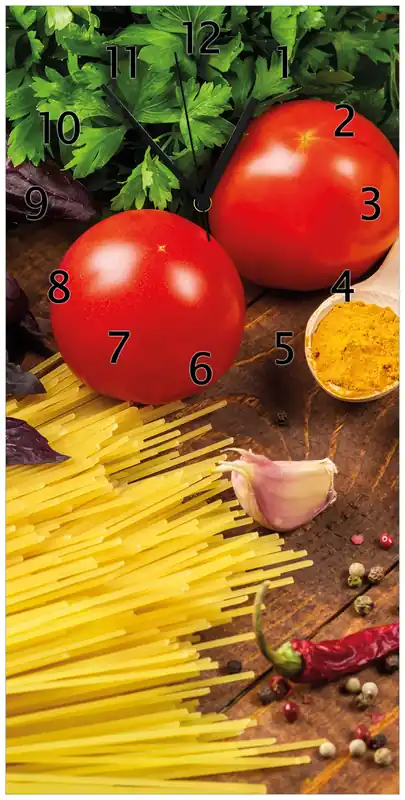 Neue Ware Wanduhr aus Acryl Italienisches Menü mit Spaghetti, Tomaten, Basilikum und Gewürzen 30 x 60 cm, mit schwarzen Zeigern