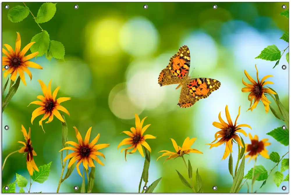 Kostenloser Versand Gartenposter Blumen mit Schmetterling 100 x 150 cm
