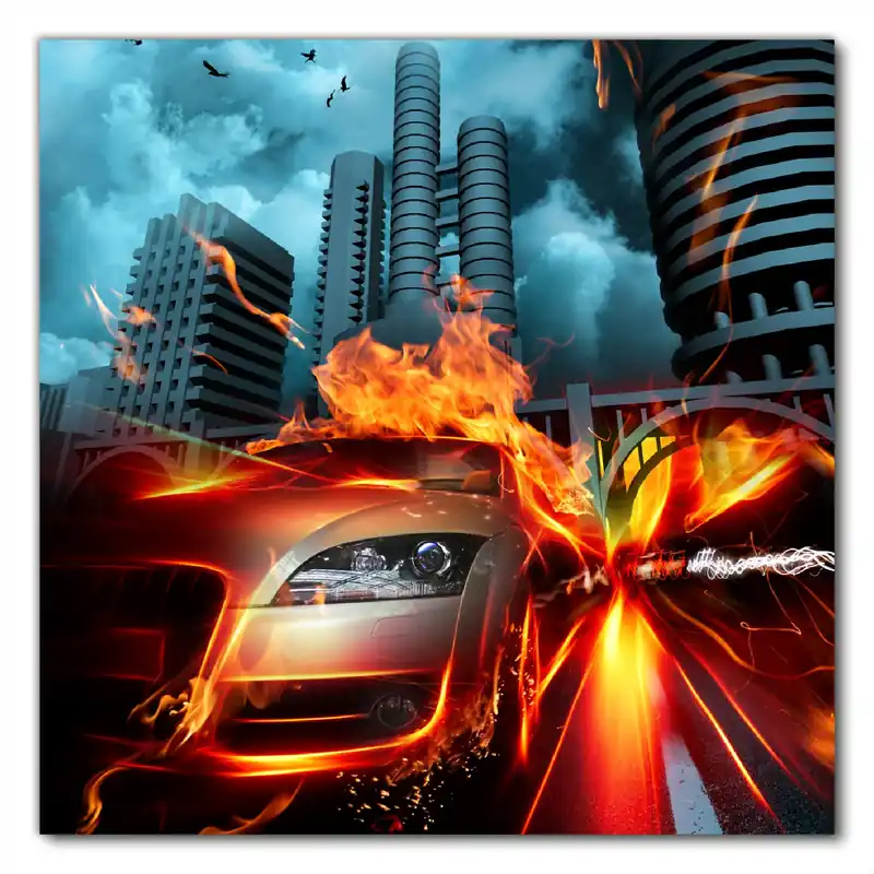 Selbstklebende Möbelfolie Brennendes fahrendes Auto 100 x 100 cm Gratis Versand