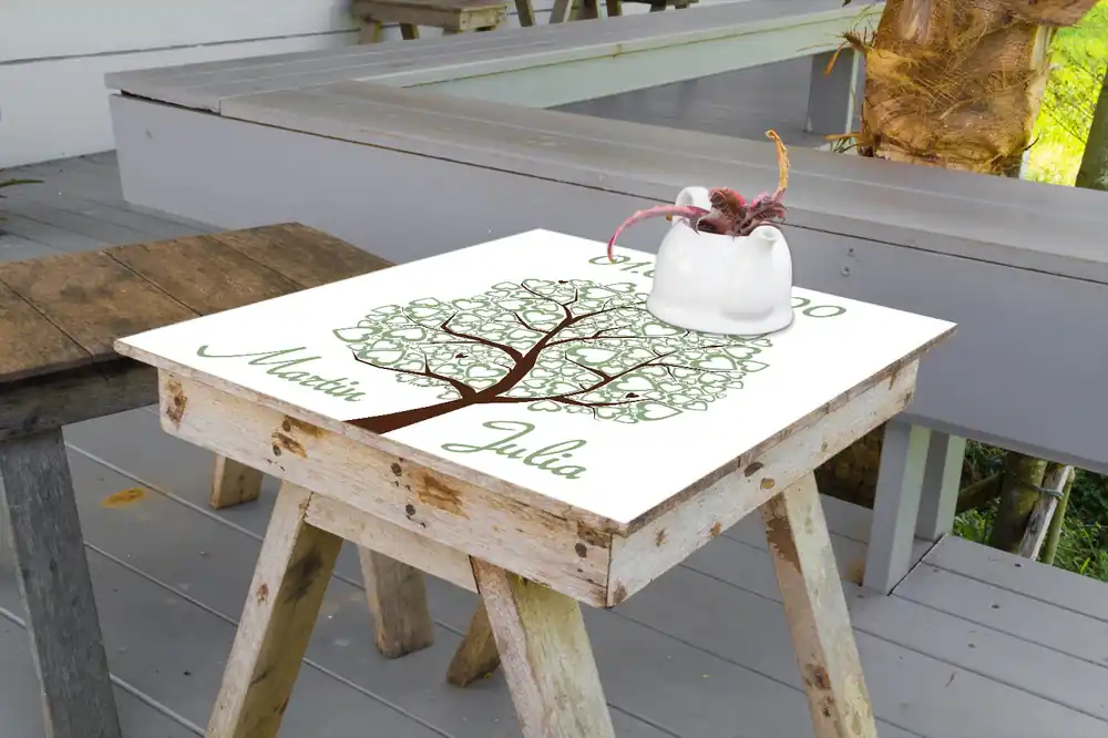 Selbstklebende Möbelfolie Hochzeitsbaum mit Herzen + Wunschname und Datum 70 x 70 cm Markenprodukt