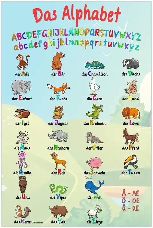 Echt Glasbild Alphabet mit lustigen Tieren für Kinder - Das ABC 60 x 90 cm