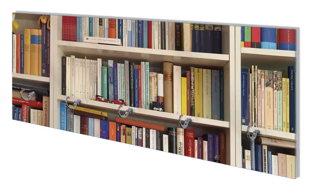 Wandgarderobe aus Glas Weißes Bücherregal mit unterschiedlichen Büchern Mega-Angebot