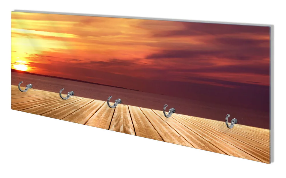 Neue Kollektion Wandgarderobe aus Glas Steg am See - Sonnenuntergang und roter Himmel