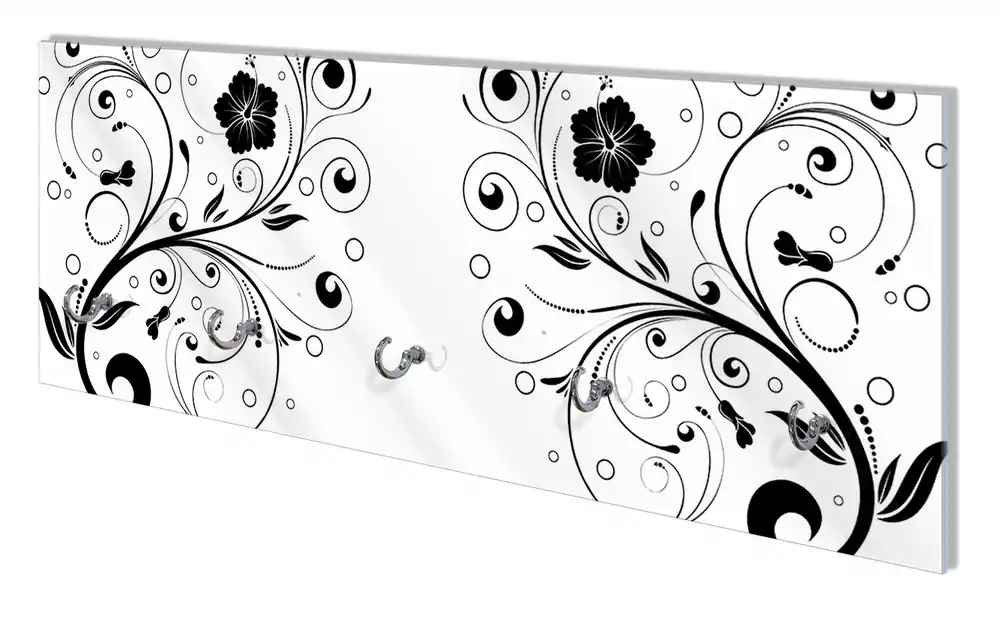 Saisonangebot Wandgarderobe aus Glas Schnörkelmuster in schwarz weiß mit Blumen und Kreisen