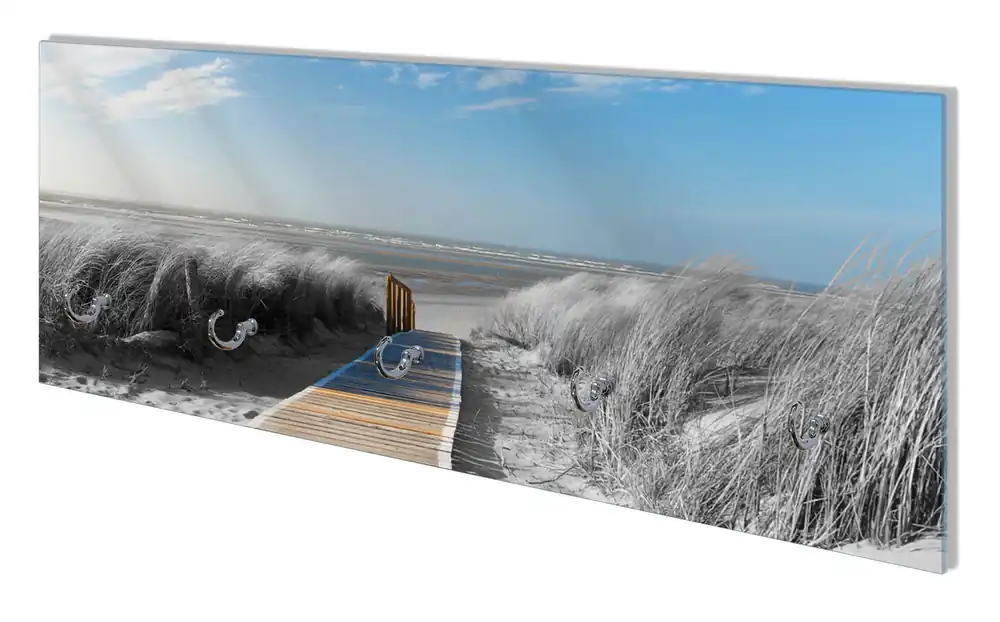 Wandgarderobe aus Glas Auf dem Holzweg zum Strand in schwarz-weiß Optik Geprüft