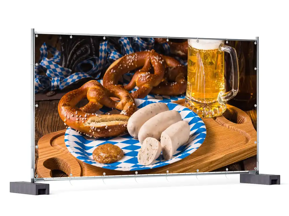 Gartenposter Bayerische Brotzeit mit Weißwurst, Brezel und Bier 340 x 173 cm Wochenendangebot