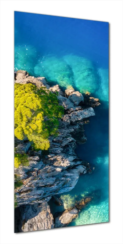 Kostenloser Rückversand Duschrückwand Felsige Küste mit Bäumen von oben 90 x 200 cm