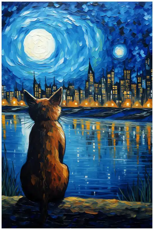 Ausverkauf Poster Katze im Mondschein 61 x 91,5 cm, mit schwarzem Aluminiumrahmen