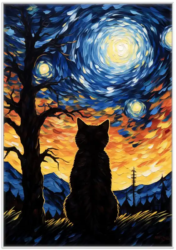 Gratis Versand Poster Katze im Sternenlicht 40 x 50 cm, mit schwarzem Aluminiumrahmen