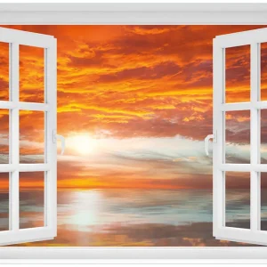 Acrylglasbild Abendrot in Reflexion über dem See 60 x 90 cm mit Fensterrahmen Nur Heute