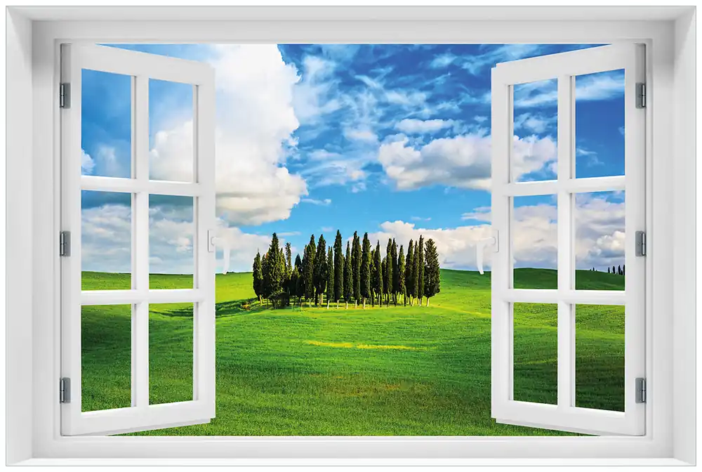 Begrenztes Angebot Acrylglasbild Kleiner Wald inmitten einer weiten Wiese 60 x 90 cm mit Fensterrahmen