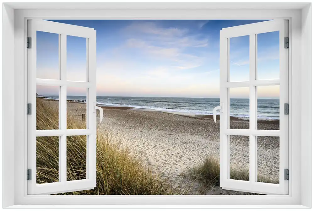 Acrylglasbild Strandspaziergang im Urlaub an der Ostsee 60 x 90 cm mit Fensterrahmen Top-Angebot