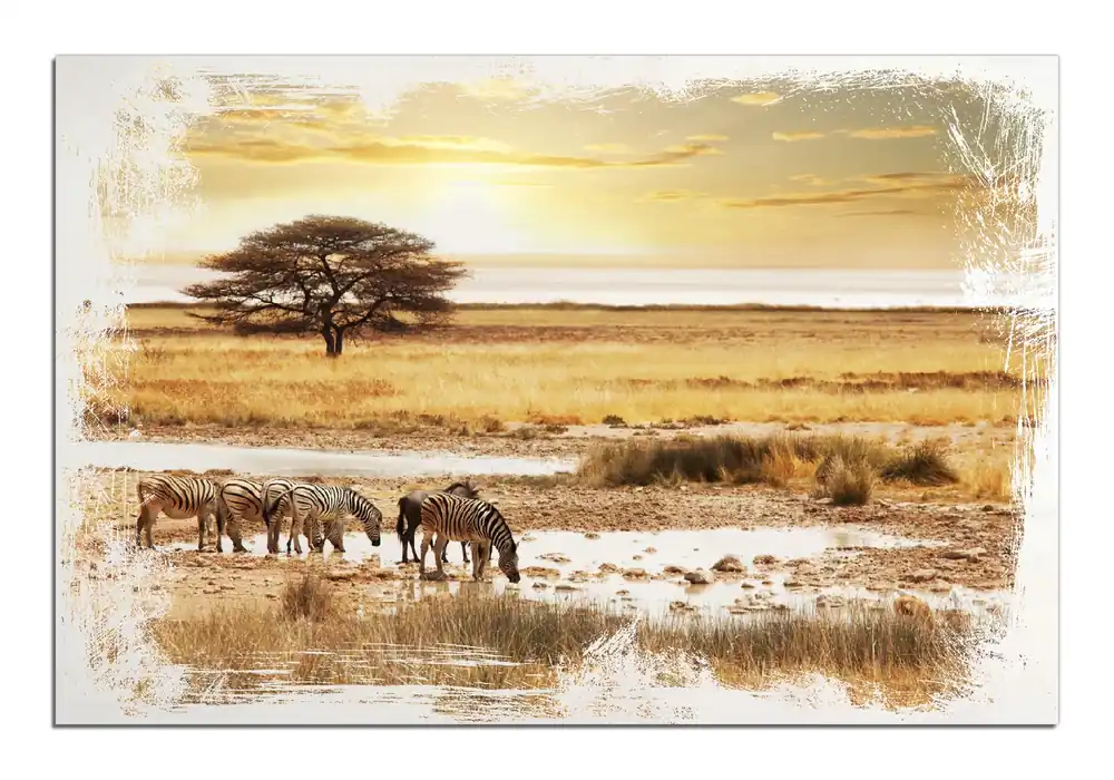 Holzbild Safari in Afrika eine Herde Zebras am Wasser 60 x 90 cm Neue Ware