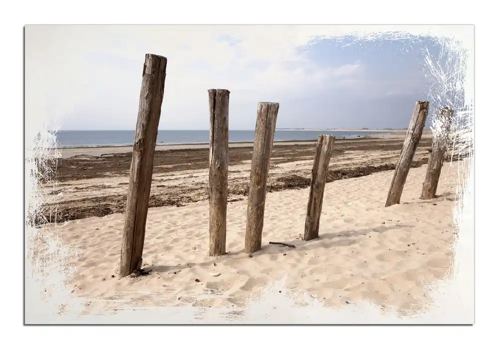 Neu Holzbild Sandstrand mit Holzpfählen am Atlantischen Ozean 40 x 40 cm