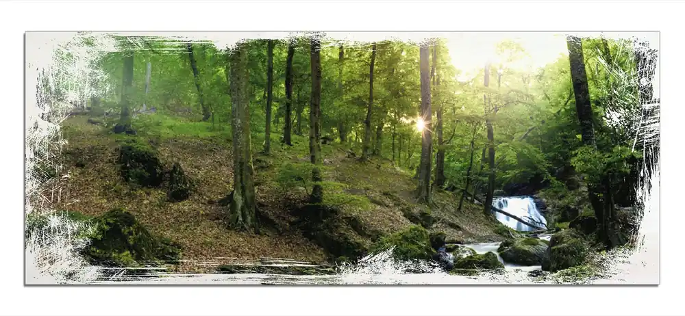Abverkauf Holzbild Fließender Bach im Wald bei Sonnenuntergang 50 x 125 cm