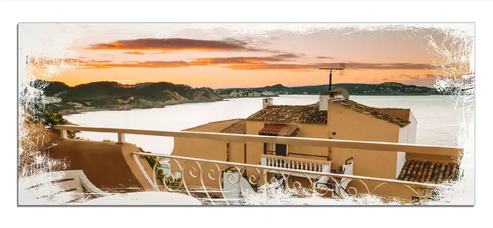 Holzbild Sommer in Spanien - Ausblick von einer schönen Terrasse auf das Meer 50 x 125 cm Kostenloser Rückversand