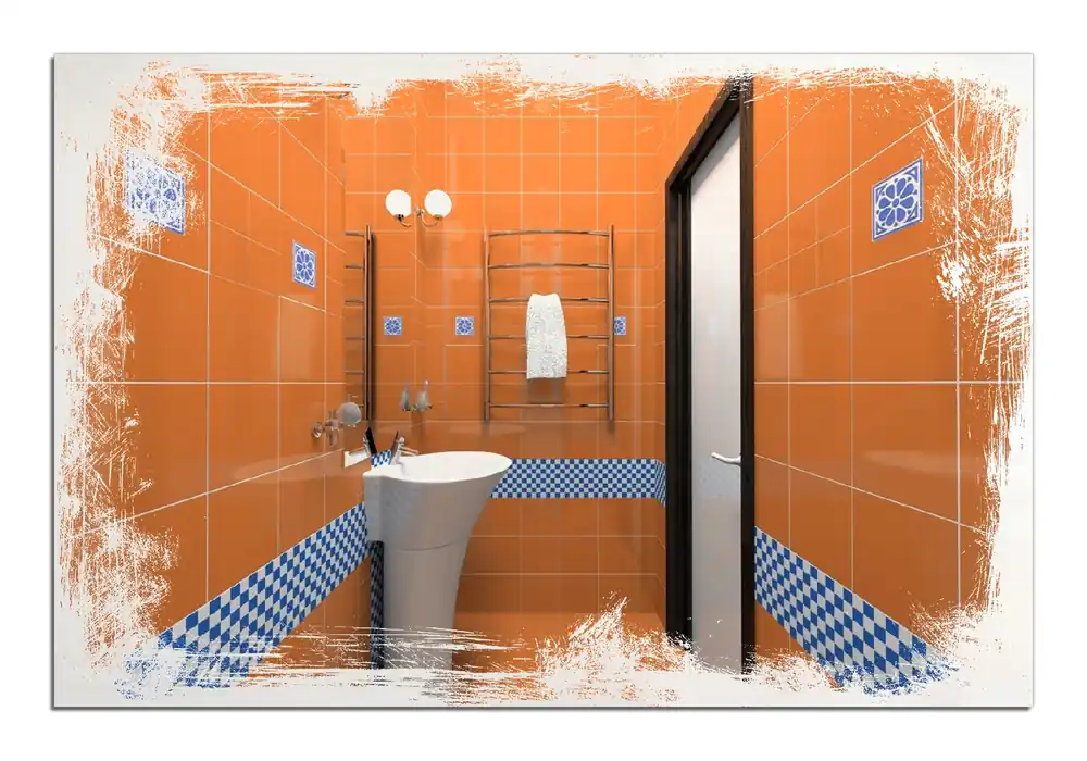 Wochenendangebot Holzbild Modernes Badezimmer in orange mit blauen Fliesen 40 x 40 cm