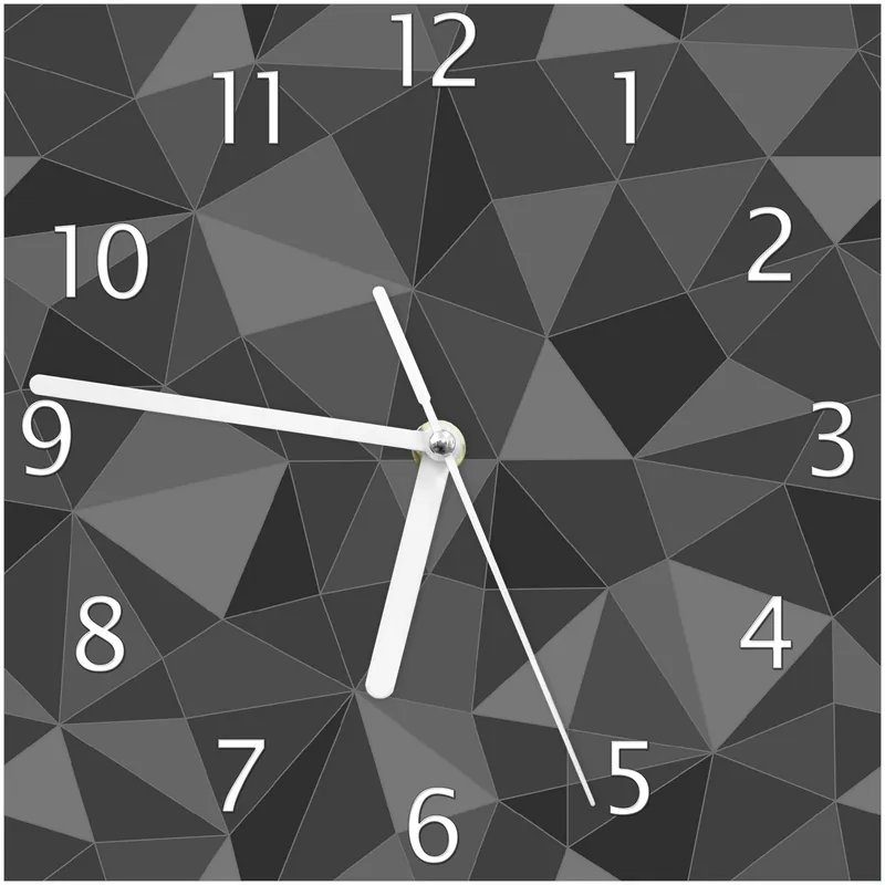 Aktuell Wanduhr aus Glas Geometrisches Schattenmuster mit schwarzen Zeigern, 30 x 30 cm