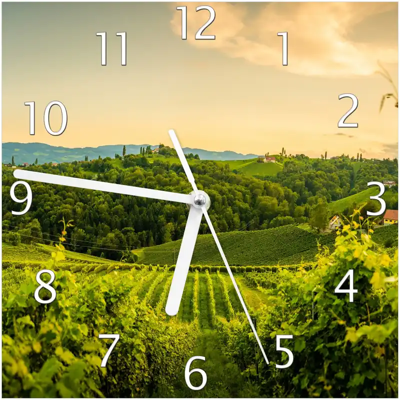 Wanduhr aus Glas Abendlicht über Weinbergen mit weißen Zeigern, 30 x 60 cm Jetzt Bestellen