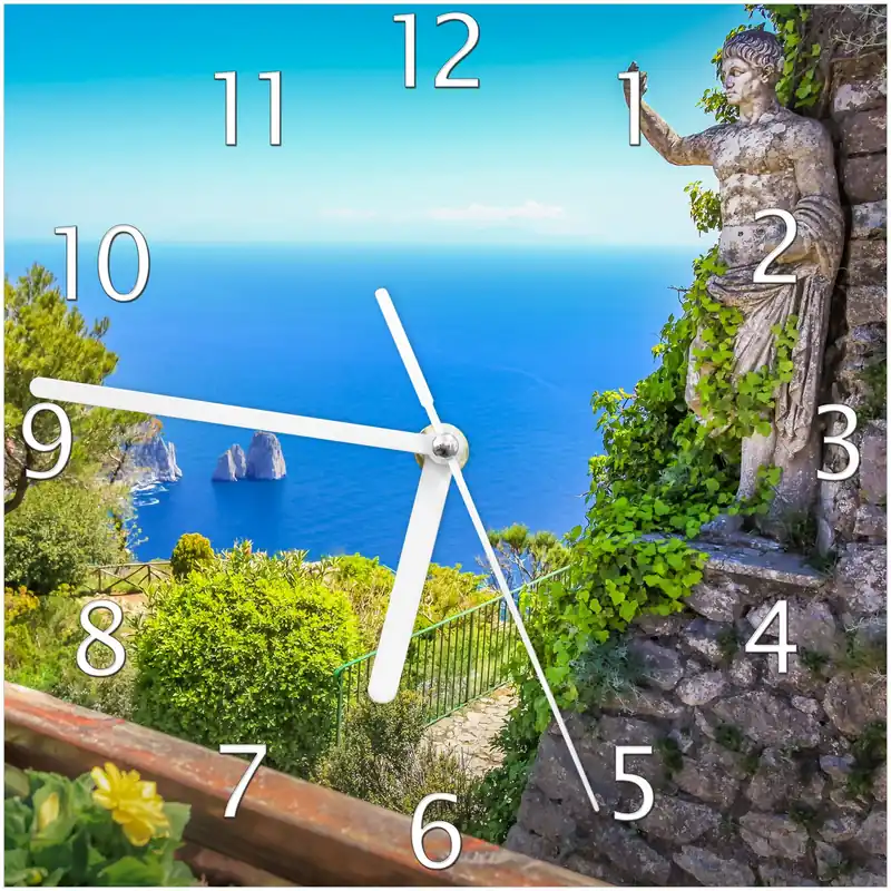 Beliebt Wanduhr aus Glas Mediterraner Ausblick mit weißen Zeigern, 30 x 60 cm