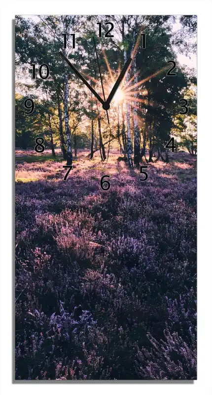 Wanduhr aus Glas Heide im Morgenlicht mit weißen Zeigern, 30 x 60 cm Knallerangebot