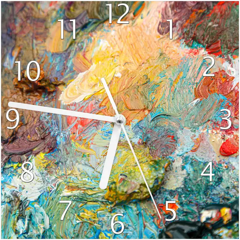 Beliebt Wanduhr aus Glas Künstlerischer Farbrausch mit weißen Zeigern, 20 x 20 cm
