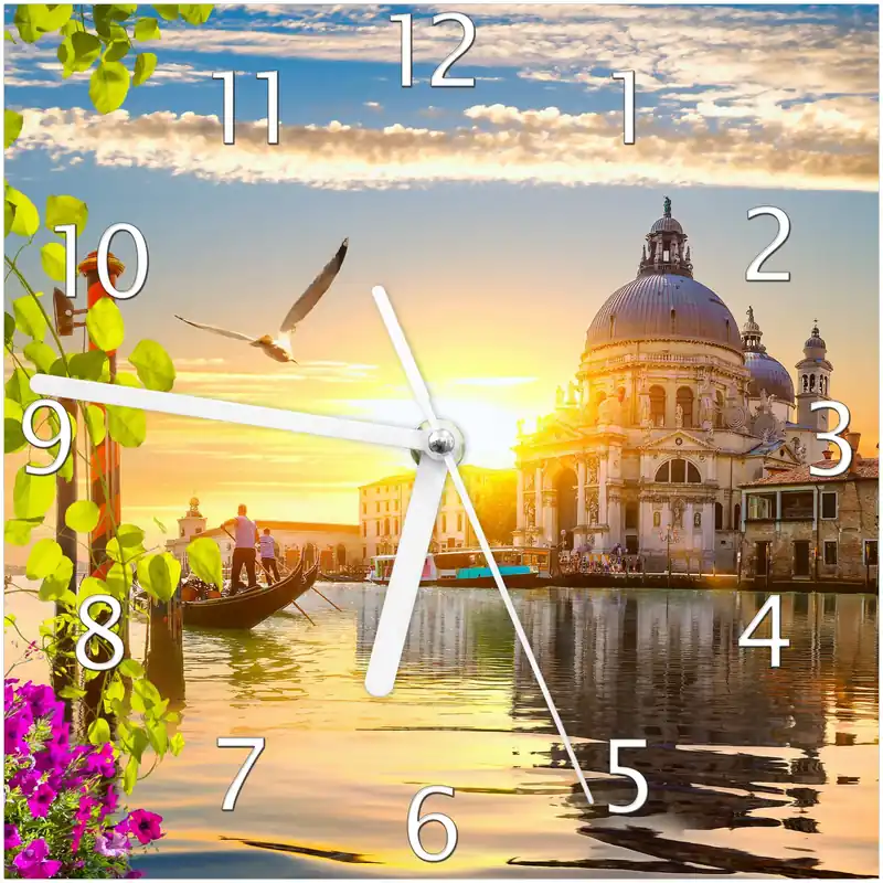 Must-Have Wanduhr aus Glas Italienischer Sommerabend mit weißen Zeigern, 20 x 20 cm