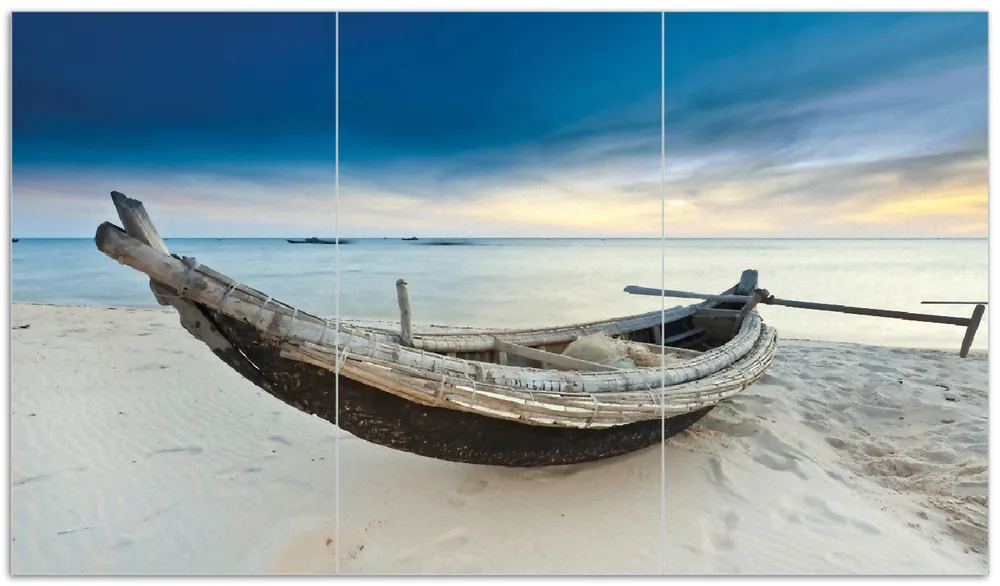 Herdabdeckplatte Fischerboot am Strand mit Sonnenuntergang Breite 70 cm x Höhe 52 cm. 2-teilig, 8 mm hohe Noppen Schnäppchen