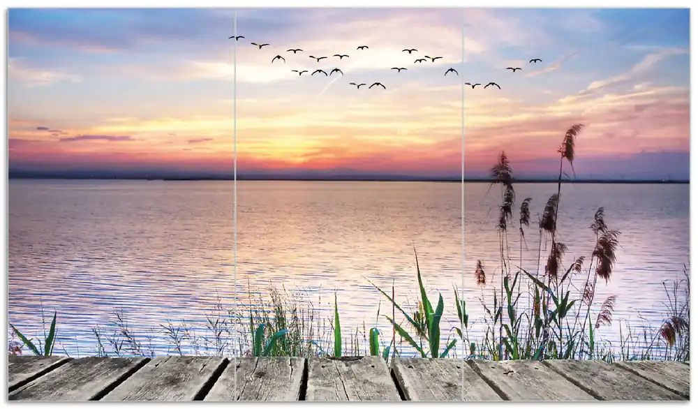 Letzte Chance Herdabdeckplatte Seepanorama mit Schilf und fliegenden Vögeln Breite 60 cm x Höhe 52 cm. 1-teilig, 8 mm hohe Noppen